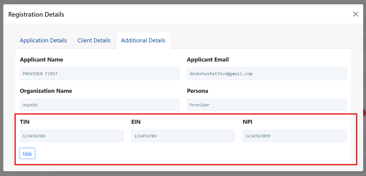 TIN EIN NPI with masked TIN and Show toggle