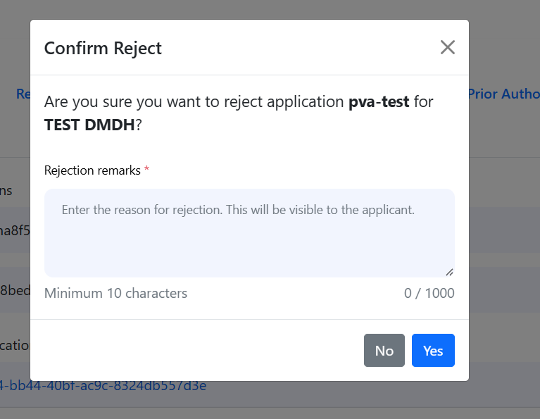 Reject confirmation requiring remarks